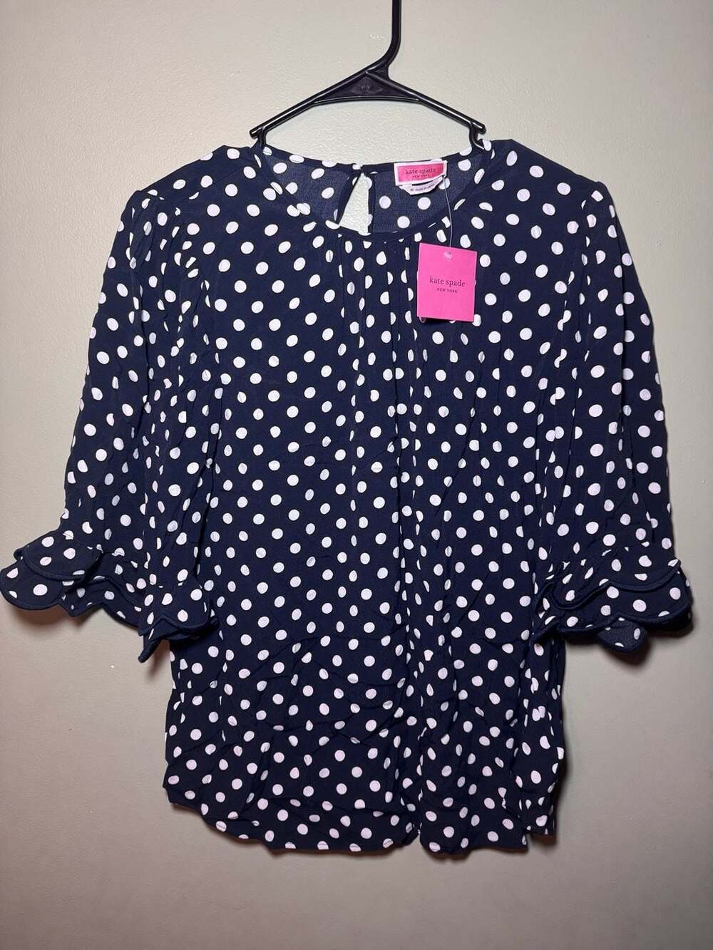Kate Spade Lia Dot Blouse Women’s M Rich Navy Polka Dot Ruffle Sleeve NWT